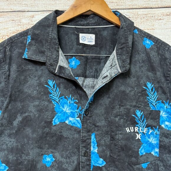 Hurley Mens Floral Button-Up Shirt Black Blue Hawaiian Short Sleeve Size XL - Picture 2 of 11